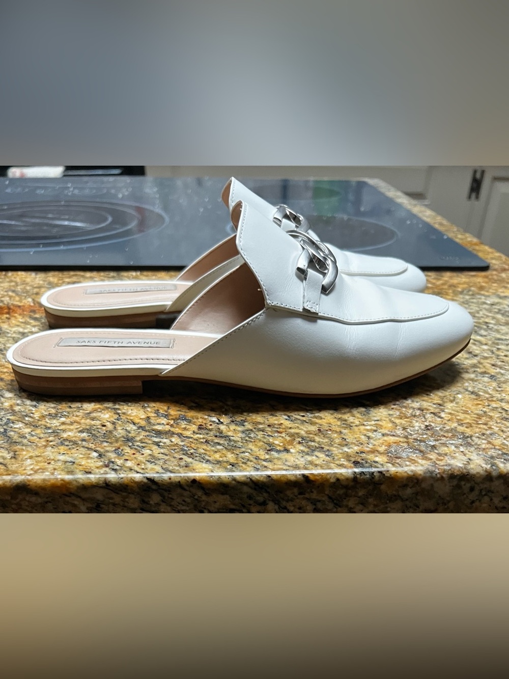 White Slip-On Chain Loafer Mules - Women
